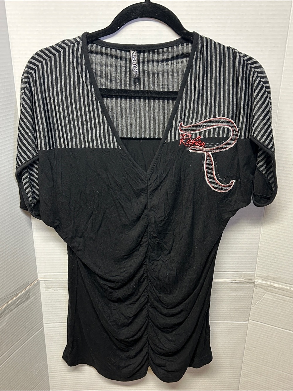 Black Rufen V-Neck Top with Striped Yoke